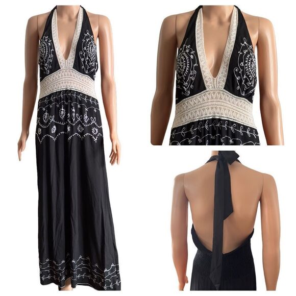 WUWATI Black Lace & Embroidered Haltered Backless Maxi Dress MEDIUM - Picture 1 of 11